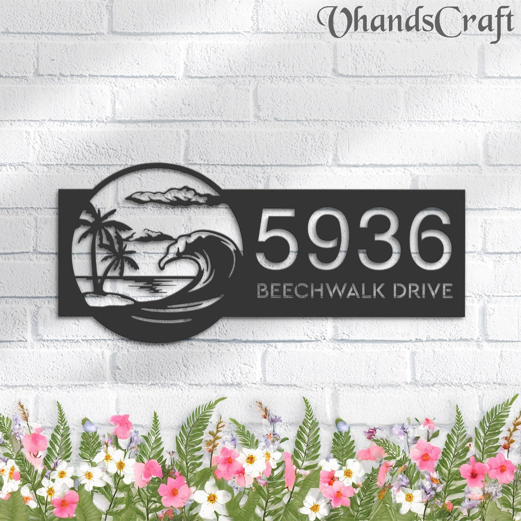 Custom Metal Waves palm tree Metal Address Sign, House number, Outdoor Number Signage, Yard Sign Address Plate