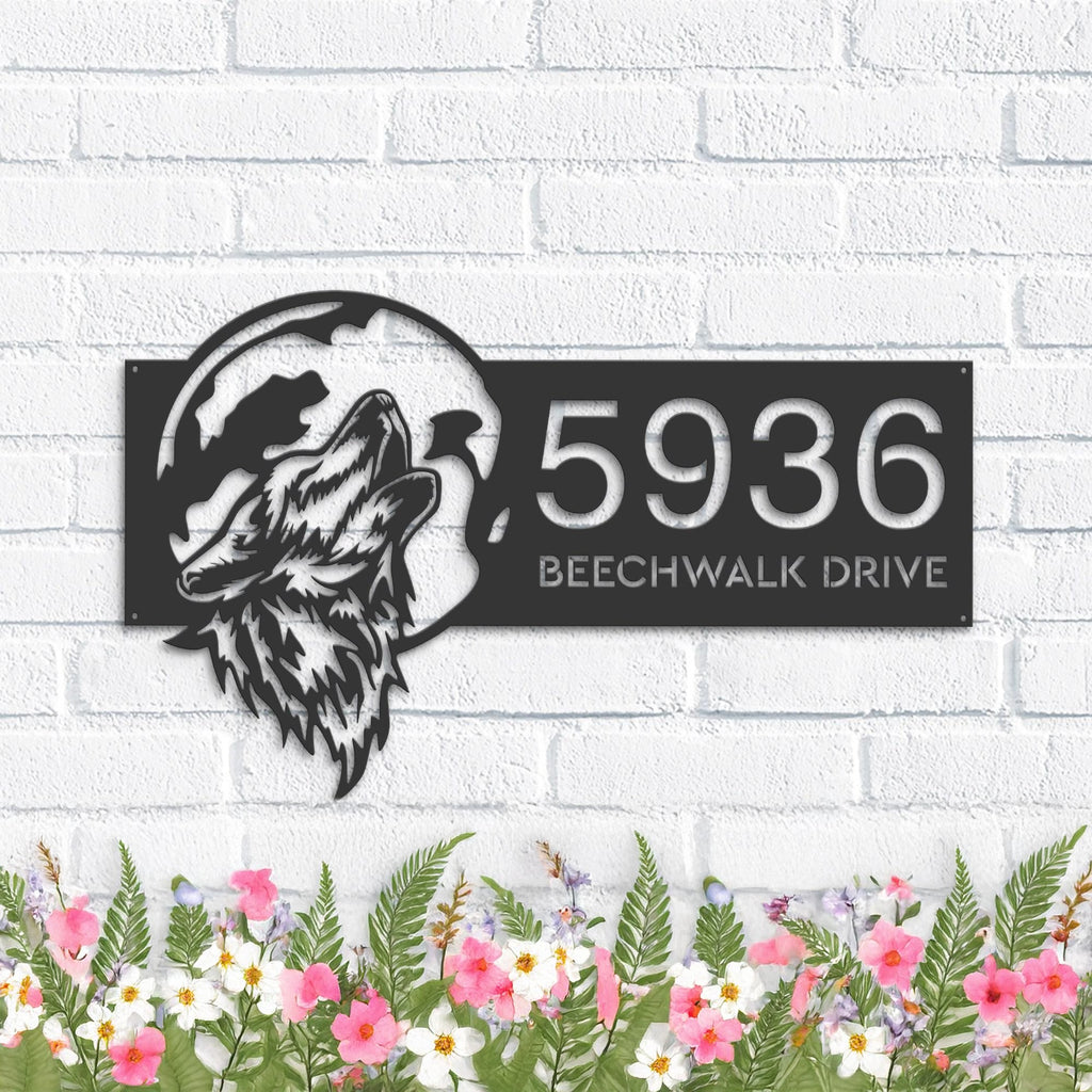 Custom Metal Wolf howling on full moon Metal Address Sign, House number, Outdoor Number Signage, Yard Sign Address Plate001