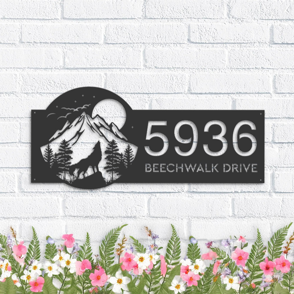 Custom Metal Wolf howling on full moon Metal Address Sign, House number, Outdoor Number Signage, Yard Sign Address Plate002