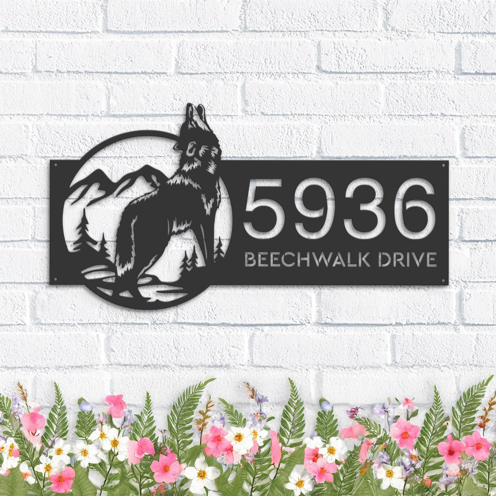 Custom Metal Wolf Mountain scene wild life Metal Address Sign, House number, Outdoor Number Signage, Yard Sign Address Plate