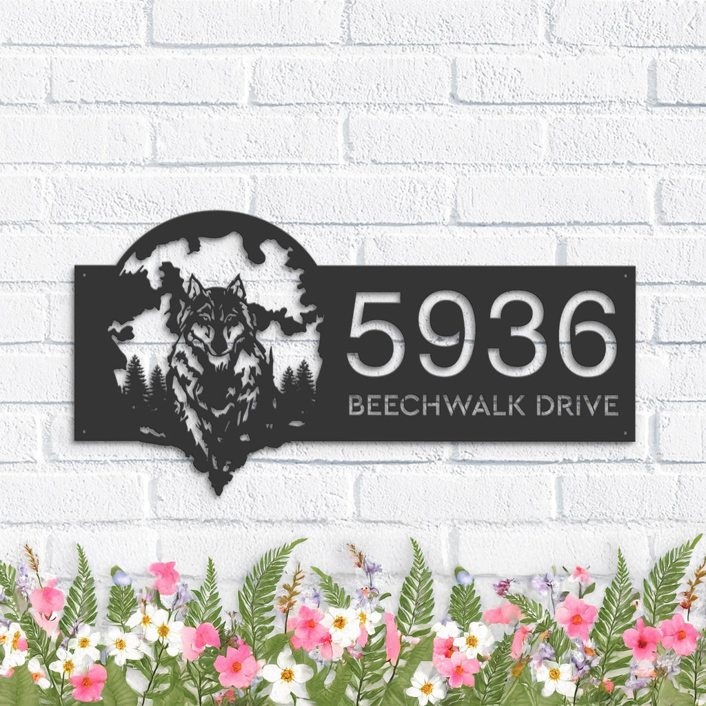 Custom Metal Wolf on full moon Metal Address Sign, House number, Outdoor Number Signage, Yard Sign Address Plate