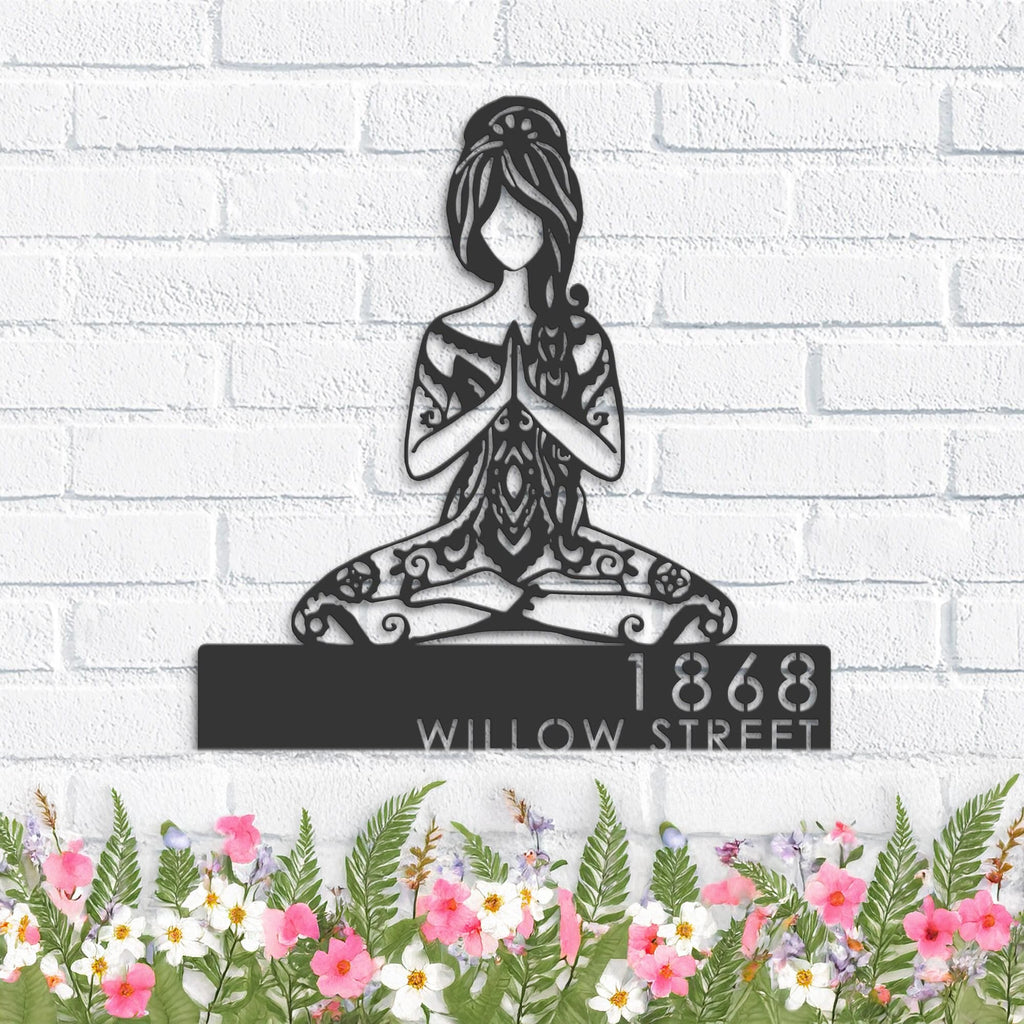 Custom Metal Yoga Girl in hippie style Metal Address Sign, House number, Outdoor Number Signage, Yard Sign Address Plate