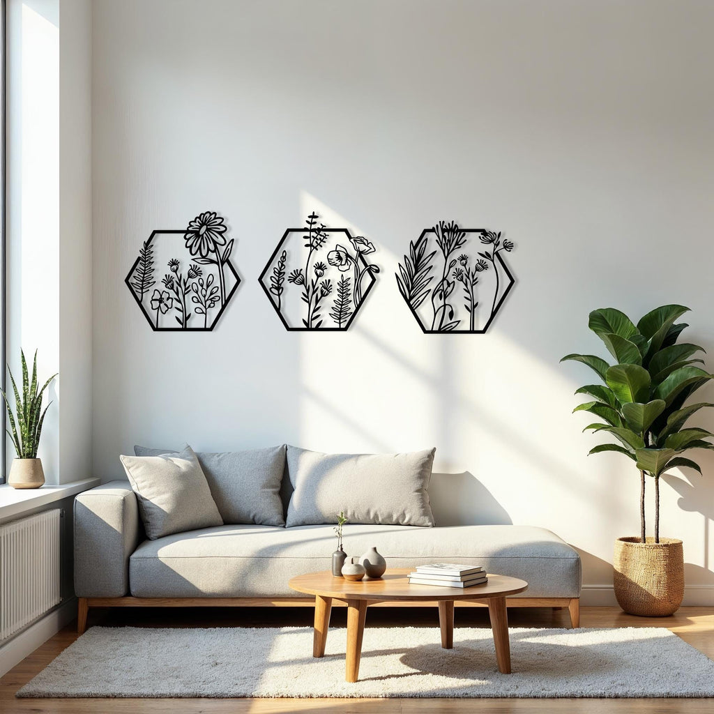 Flower Panels Set of 3 Hexogonal Line Art Metal Wall Decor, Line Art Flowers Metal Wall Decor, indoor Outdoor Decor