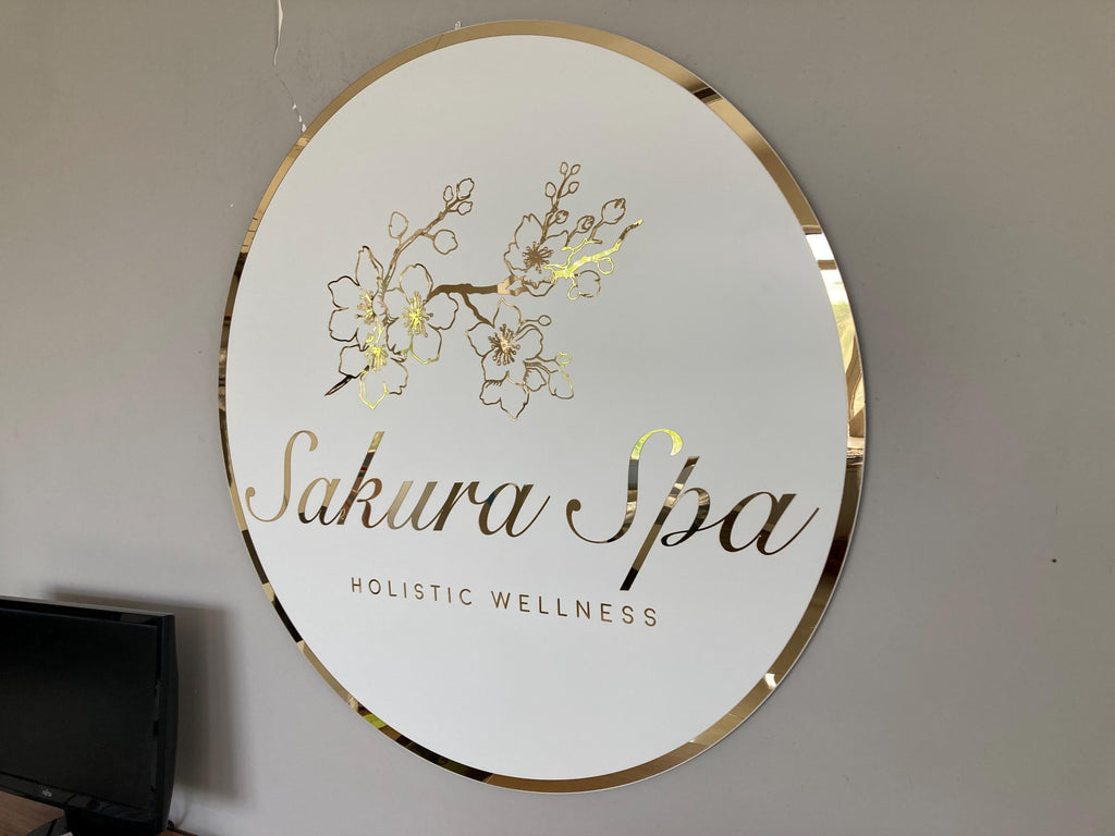 Custom Round Sign For Business Decor | Acrylic Gold Mirror Business Sign