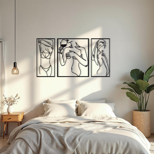 Shower Girl Set of 3 Lineart Metal Wall Decor, Line Art Girl Back Metal Wall Decor, indoor Outdoor Decor