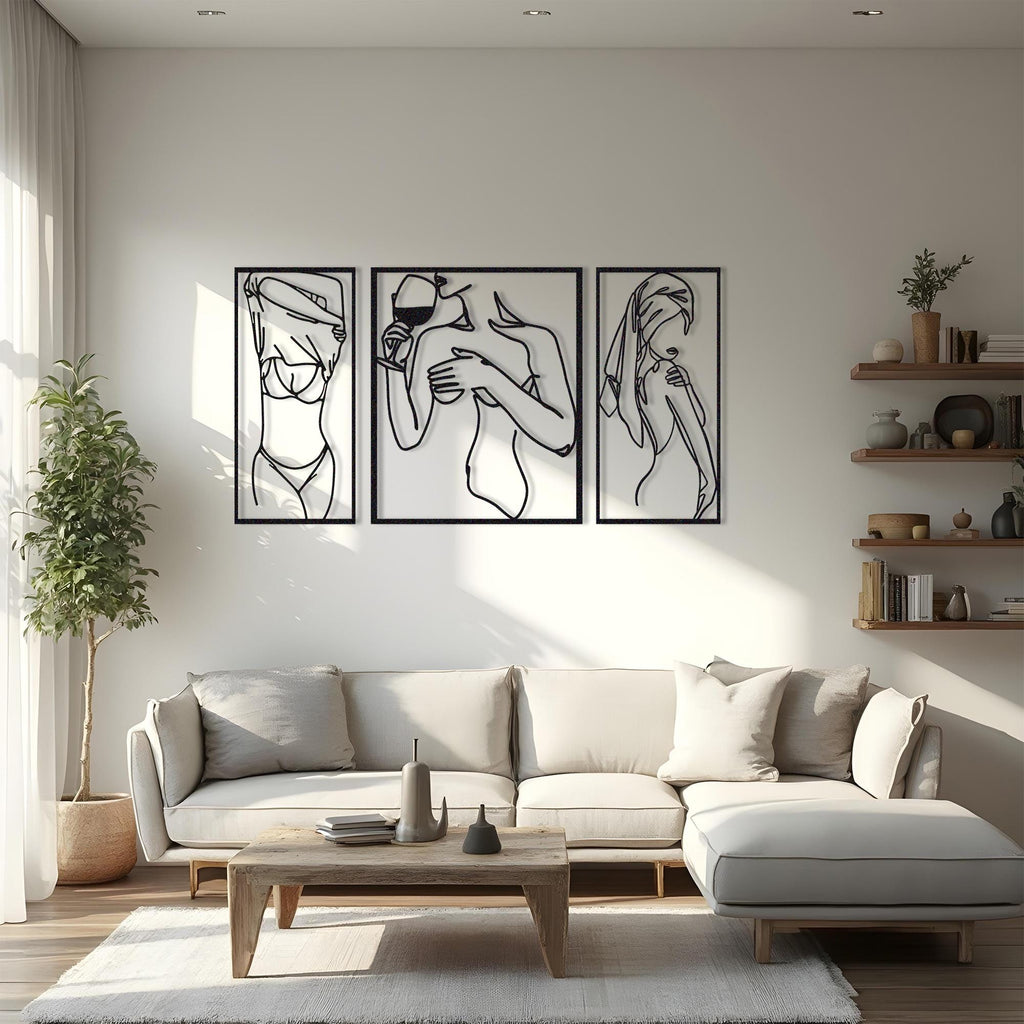 Shower Girl Set of 3 Lineart Metal Wall Decor, Line Art Girl Back Metal Wall Decor, indoor Outdoor Decor