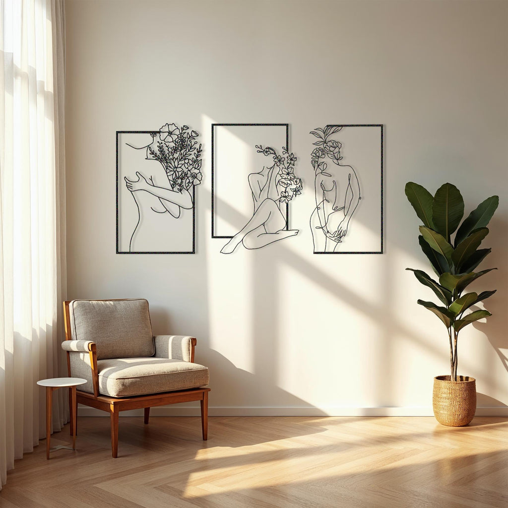 Floral Girl Set of 3 Lineart Metal Wall Art, Woman Metal Wall Art, Bathroom Wall Decor, Metal Line Art, Bedroom Wall Decor, Wall Sculpture