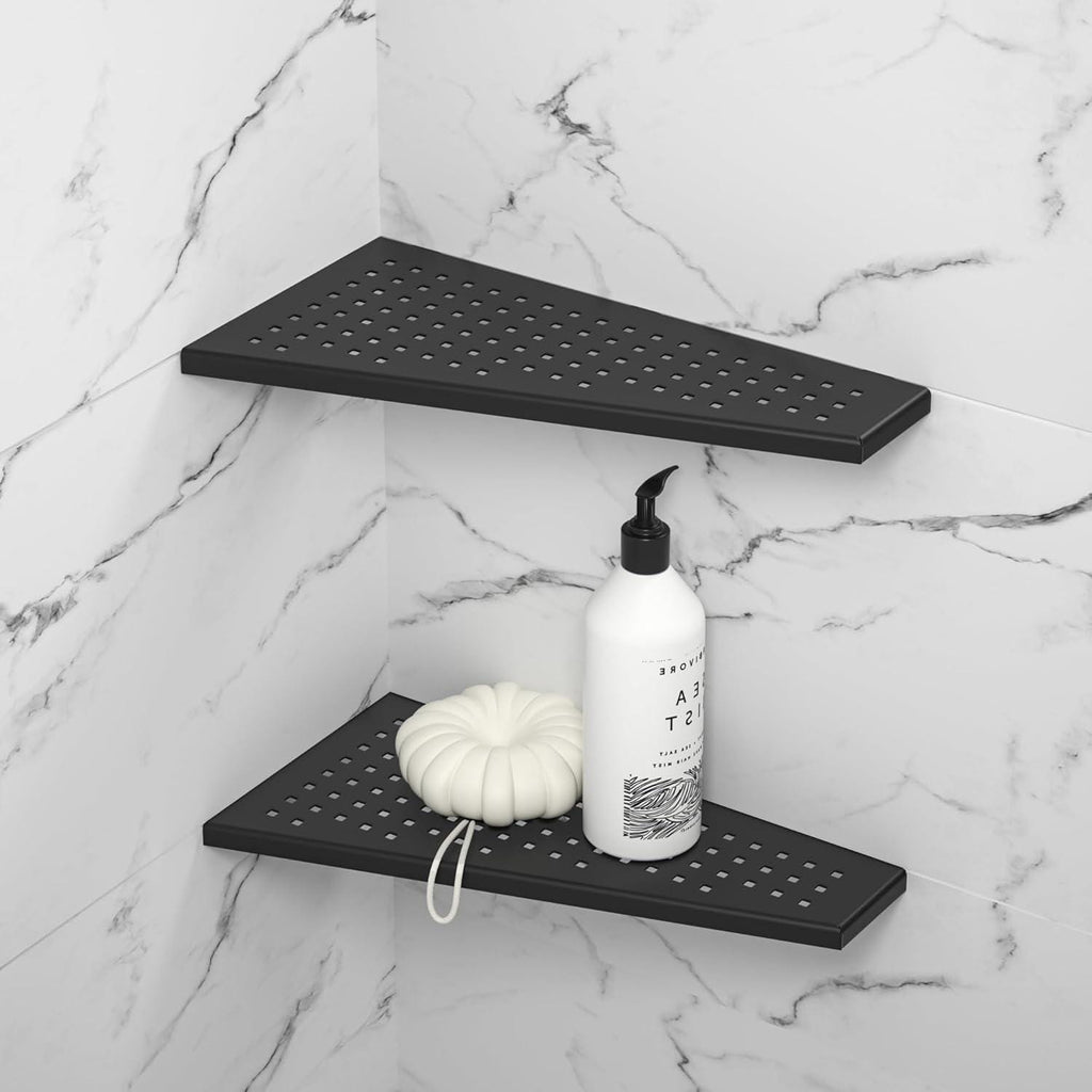 Corner Shower Shelf, Black 12" Trapezoid Floating Shelf with Grid Hollows Design, Recessed Bathroom Shelves for Tiled, No Drilling, 2 Pack