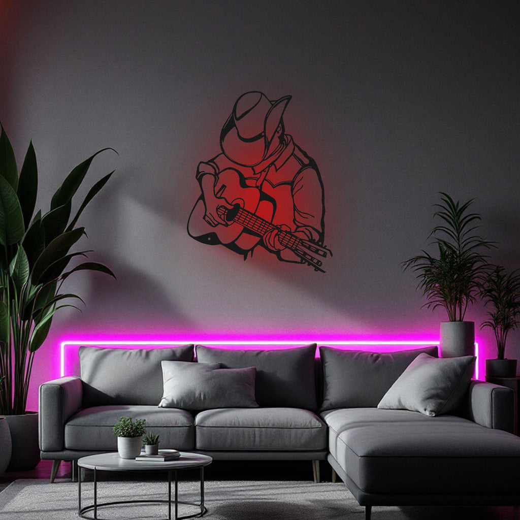 Cowboy With Guitar Metal Wall Art With Led Light, Cowboy With Guitar Metal Sign Decoration For Room, Cowboy With Guitar Metal Led Decor