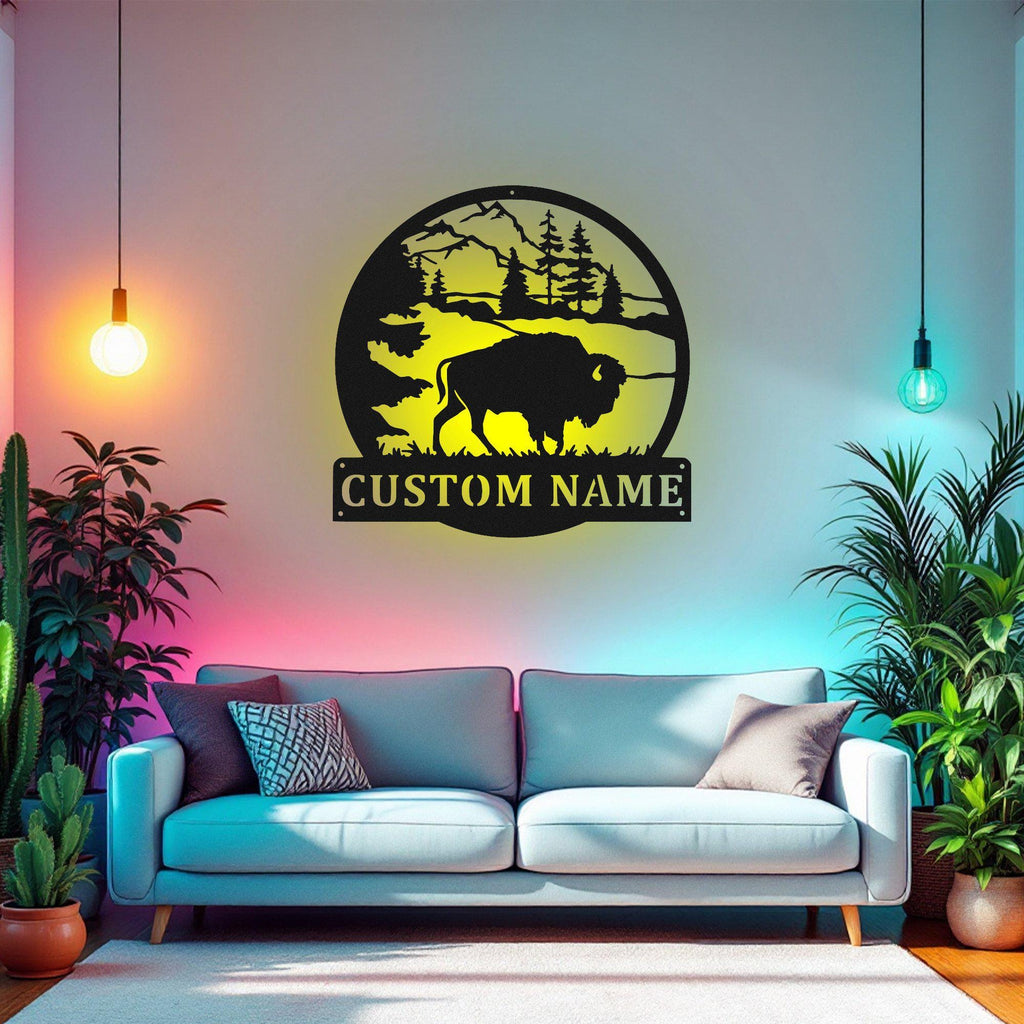 Custom American Bison Metal Wall Art With Led Light, Personalized Bison Name Sign Decoration For Room, Bison Metal Home Decor, Custom Bison