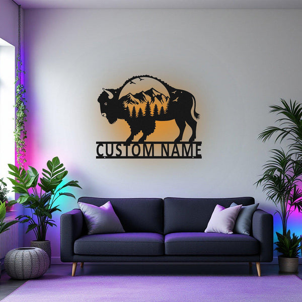 Custom American Bison Metal Wall Art With Led Light, Personalized Bison Name Sign Decoration For Room, Bison Metal Led Decor, Custom Bison