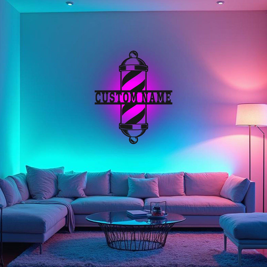Custom Barber Pole Metal Wall Art With Led Light, Personalized Barber Shop Name Sign Decoration For Room, Barber Pole Metal Led Decor