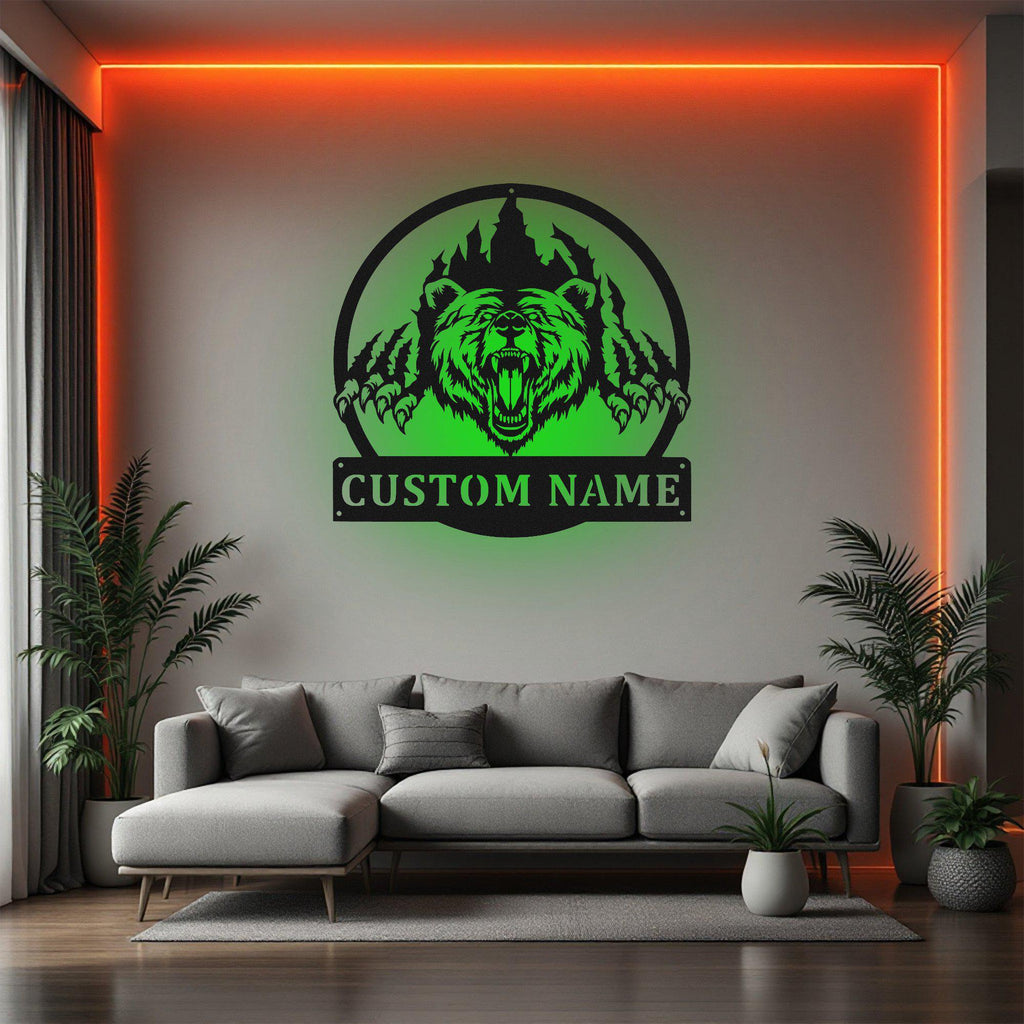 Custom Bear Claws Scratch Metal Wall Art With Led Light, Personalized Bear Name Sign Decoration For Room, Bear Metal Led Decor, Custom Bear