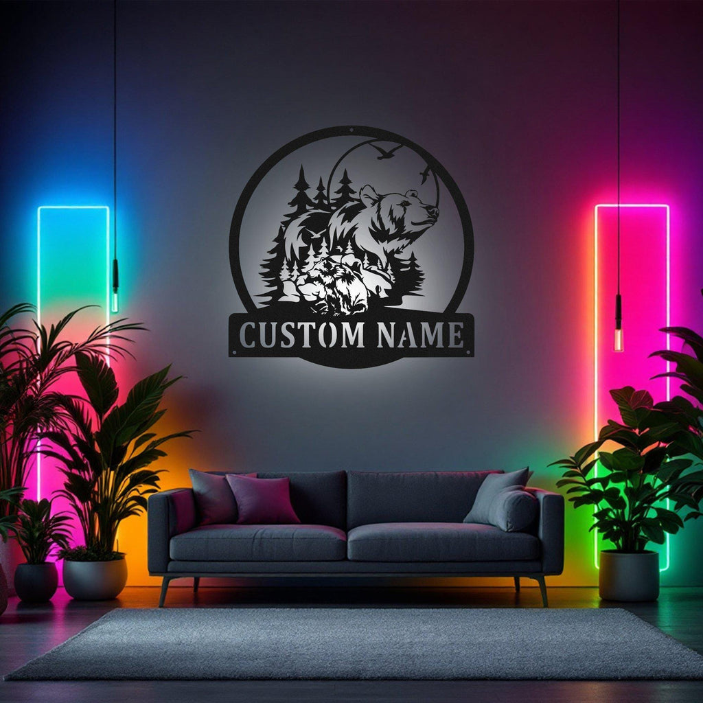 Custom Bear Scene Metal Wall Art With Led Light, Personalized Bear Name Sign Decoration For Room, Bear Scene Metal Led Decor, Custom Bear