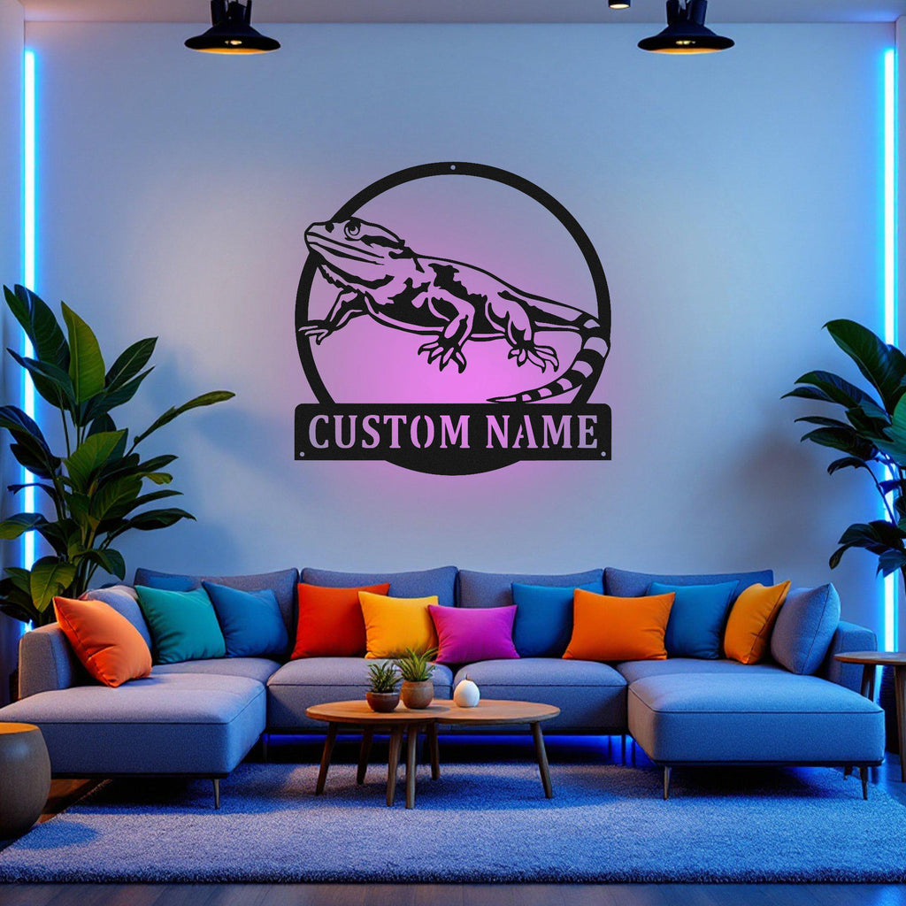 Custom Bearded Dragon Metal Wall Art With Led Light, Personalized Bearded Dragon Name Sign Decoration For Room, Bearded Dragon Decor