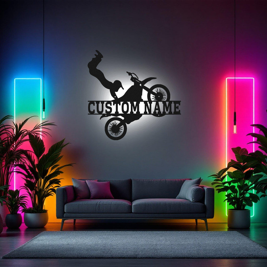 Custom Biker Metal Wall Art With Led Light, Personalized Dirt Bike Name Sign Decoration For Room, Motorcycle Home Decor, Custom Dirt Bike
