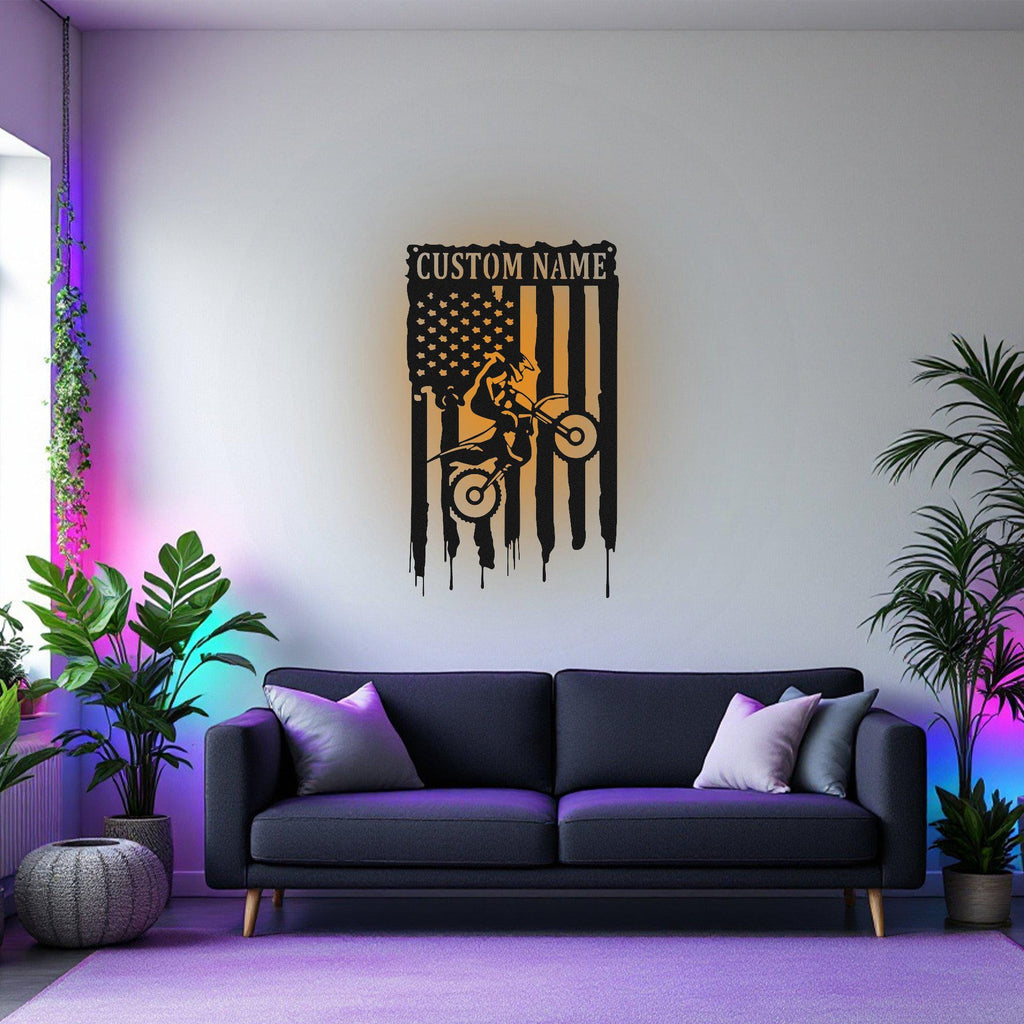 Custom Biker Metal Wall Art With Led Light, Personalized US Dirt Bike Name Sign Decoration For Room, Motorcycle Decor, Custom Dirt Bike