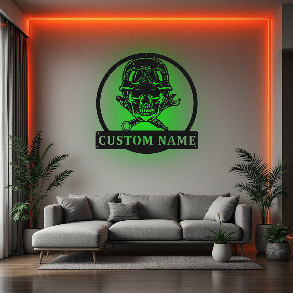 Custom Biker Skull Metal Wall Art With Led Light, Personalized Biker Name Sign Decoration For Room, Biker Skull Metal Home Decor, Biker Gift