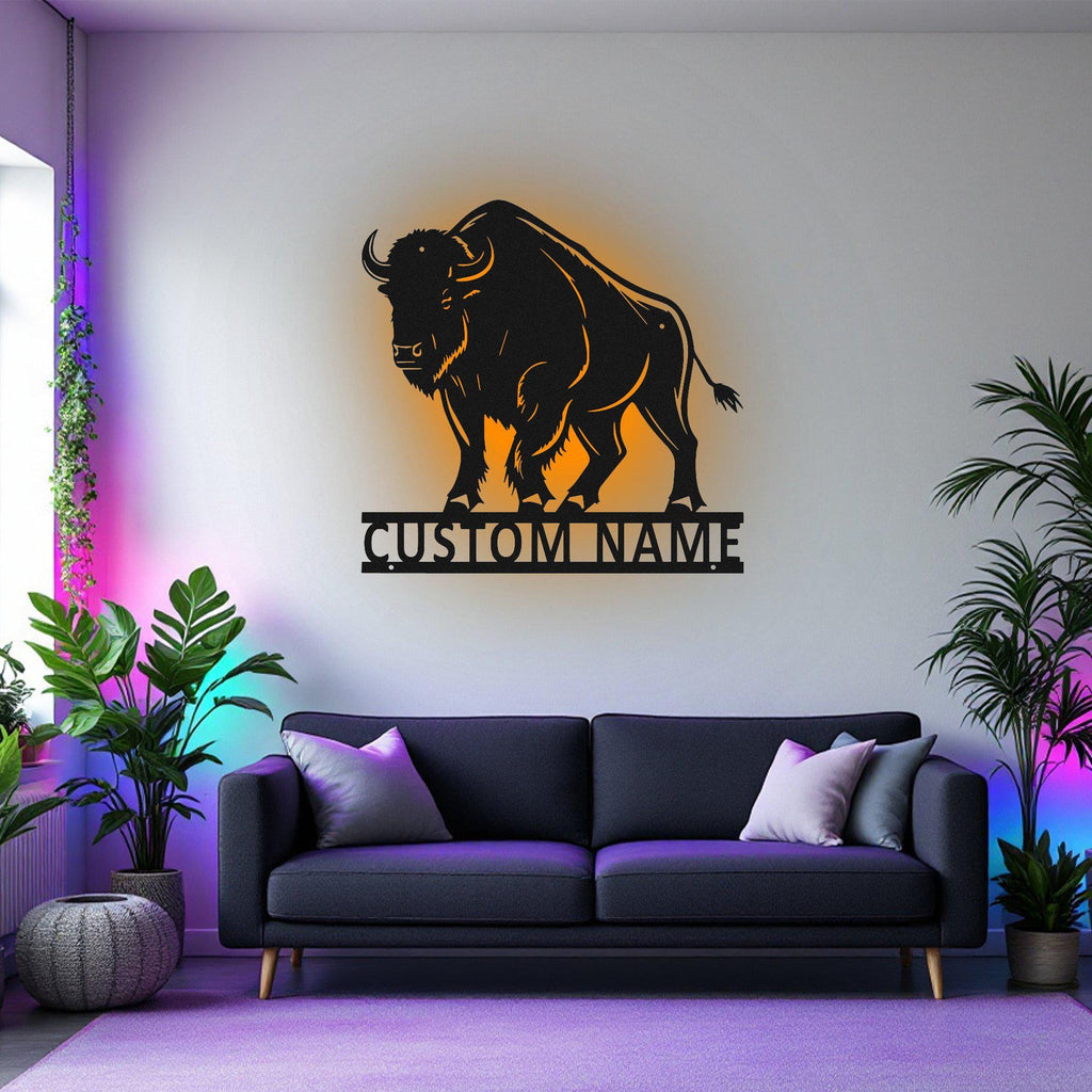 Custom Bison Metal Wall Art With Led Light, Personalized Bison Name Sign Decoration For Room, Bison Metal Led Decor, Custom Bison Name Sign