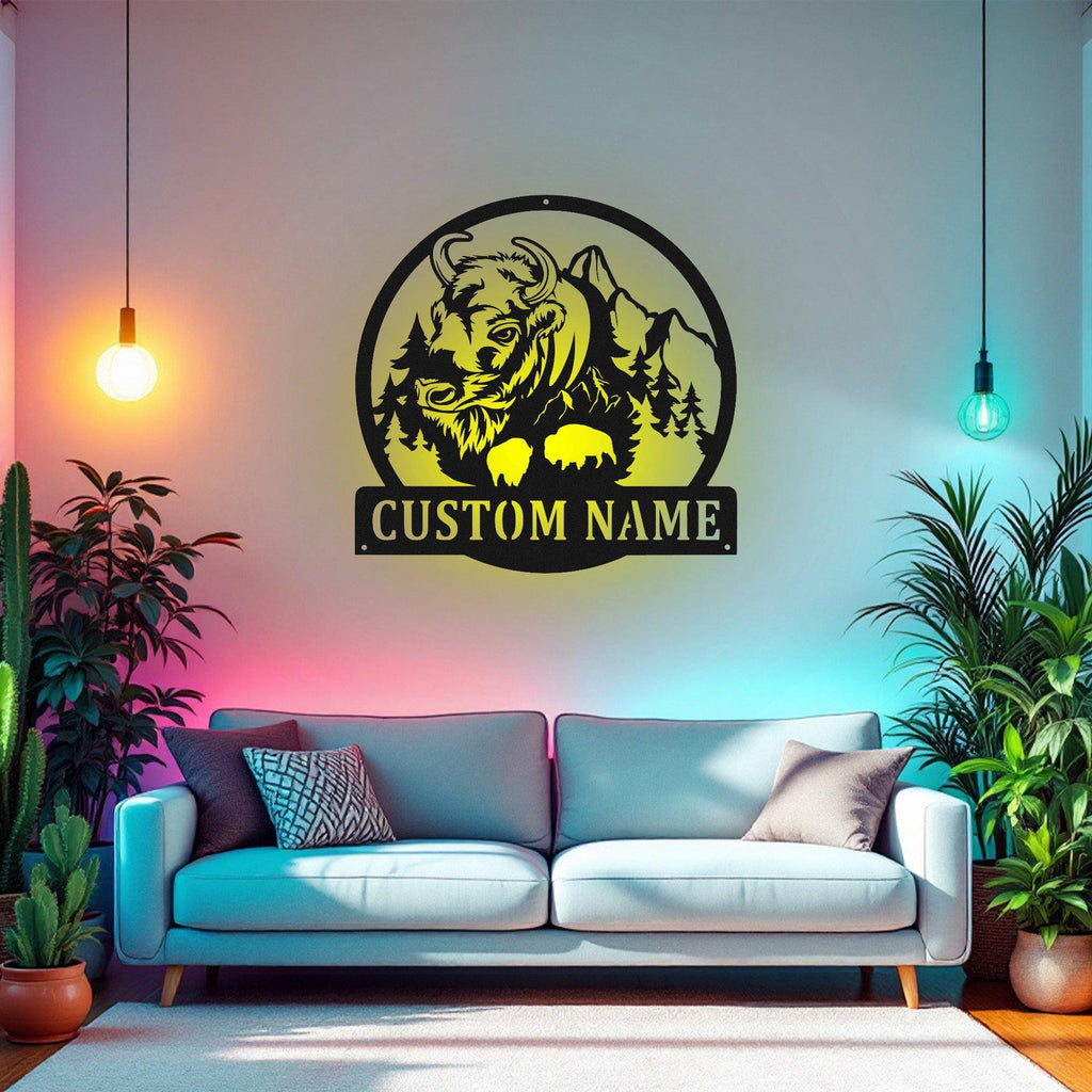 Custom Bison Metal Wall Art With Led Light, Personalized Bison Name Sign Decoration For Room, Bison Metal Led Decor, Custom Bison Name Sign