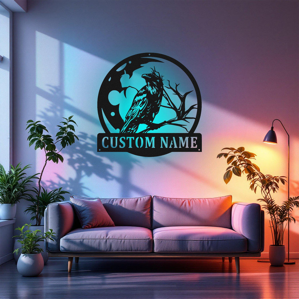 Custom Black Crow Raven Bird Metal Sign, Personalized Raven Bird Name Sign Decoration For Room, Raven Bird Metal Led Decor