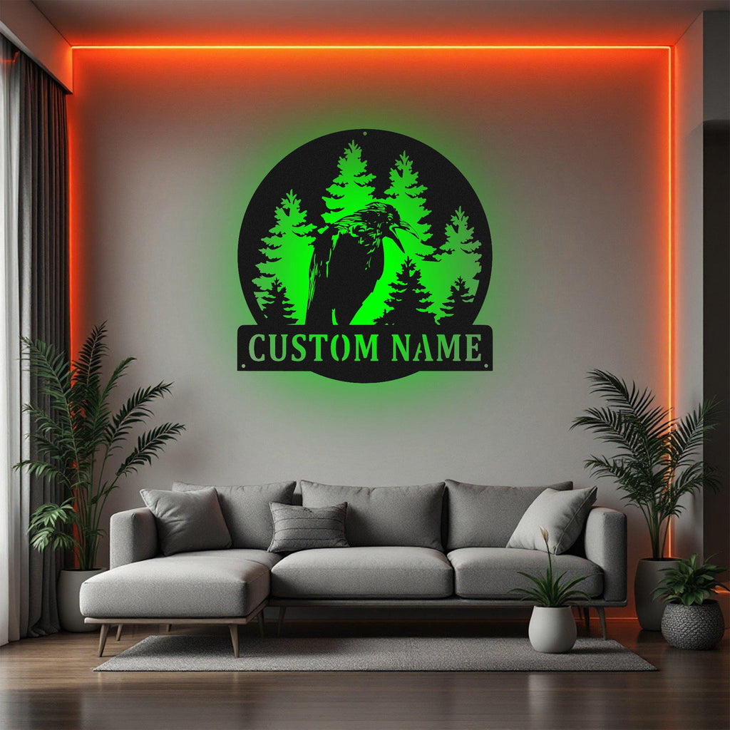 Custom Black Crow Raven Bird Metal Sign, Personalized Raven Bird Name Sign Decoration For Room, Raven Bird Metal Led Decor