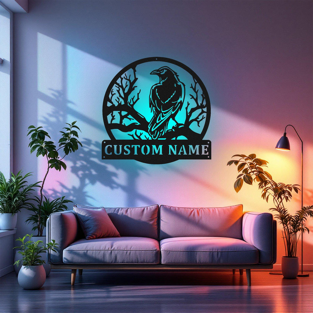 Custom Black Crow Raven Bird Metal Sign, Personalized Raven Bird Name Sign Decoration For Room, Raven Bird Metal Led Decor