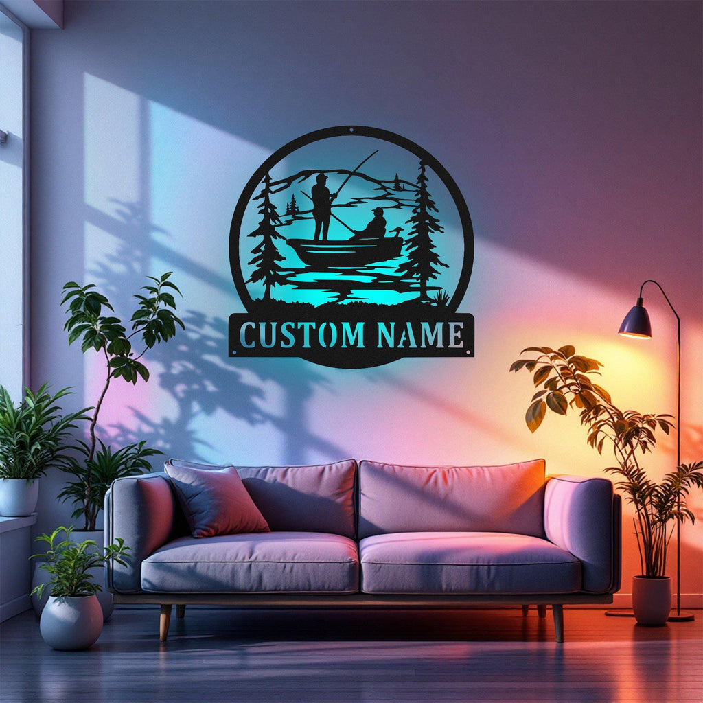 Custom Boat Fishing Metal Sign, Personalized Boat Fisher Name Sign Decoration For Room, Boat Fishing Metal Led Decor