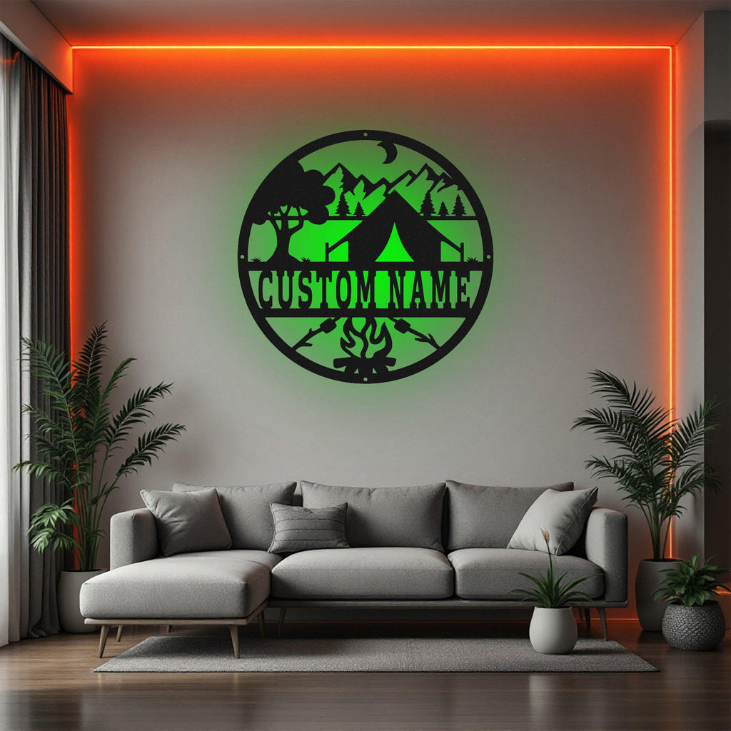 Custom Camping Metal Wall Art With Led Light, Personalized Camping Family Name Sign Decoration For Room, Camping Metal Led Decor,Camper Gift