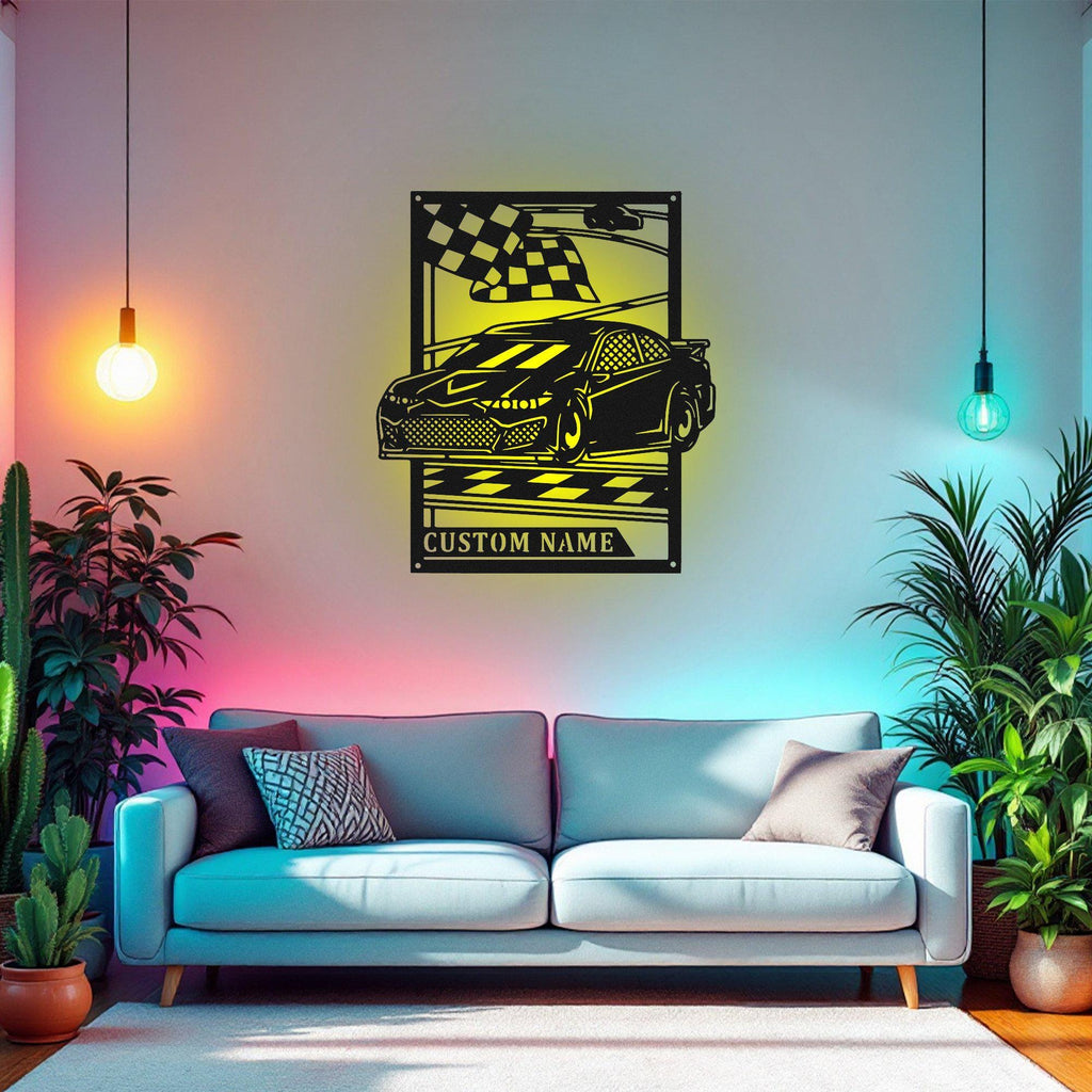 Custom Car Racing Signage Metal Wall Art With Led Light, Personalized Car Racer Name Sign Decoration, Car Racing Signage Metal Led Decor