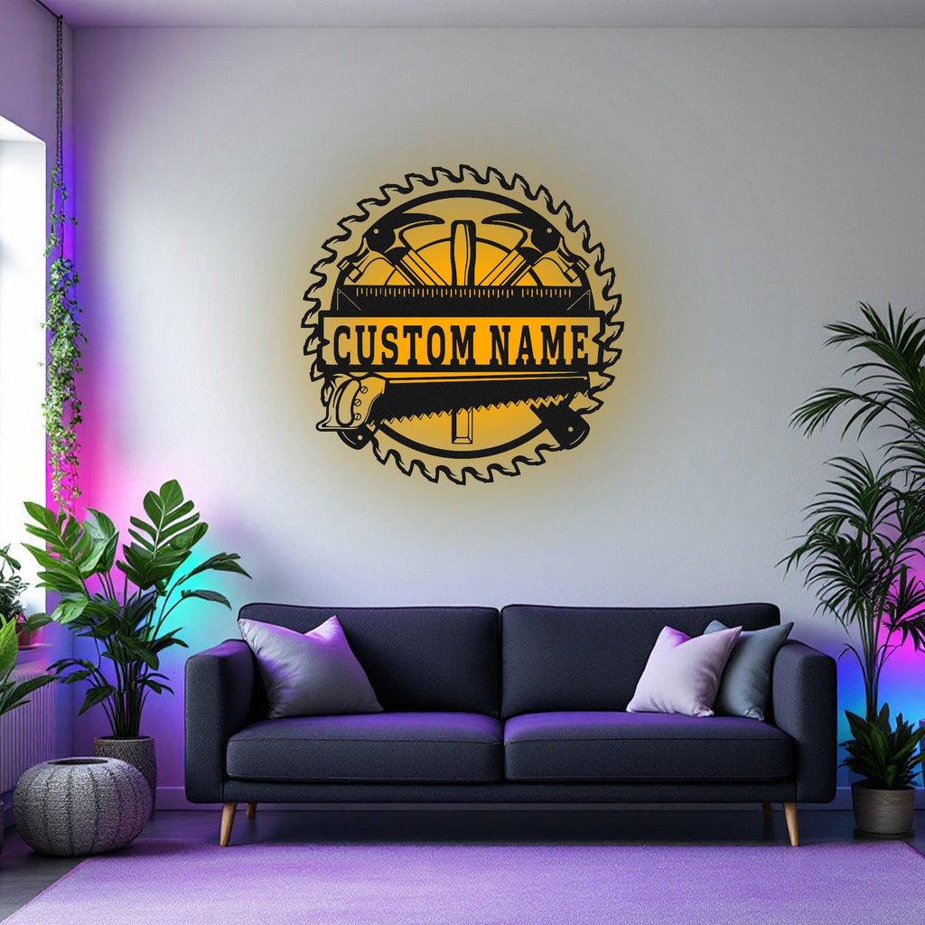 Custom Carpenter Repair Tools Metal Wall Art With Led Light, Personalized Carpenter Name Sign Decoration For Room, Carpenter Metal Led Decor