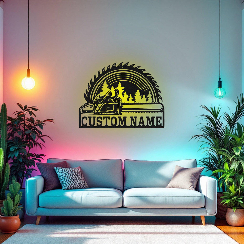 Custom Chainsaw Wood Metal Wall Art With Led Light, Personalized Woodworker Name Sign Decoration For Room, Woodworker Home Decor, Woodworker