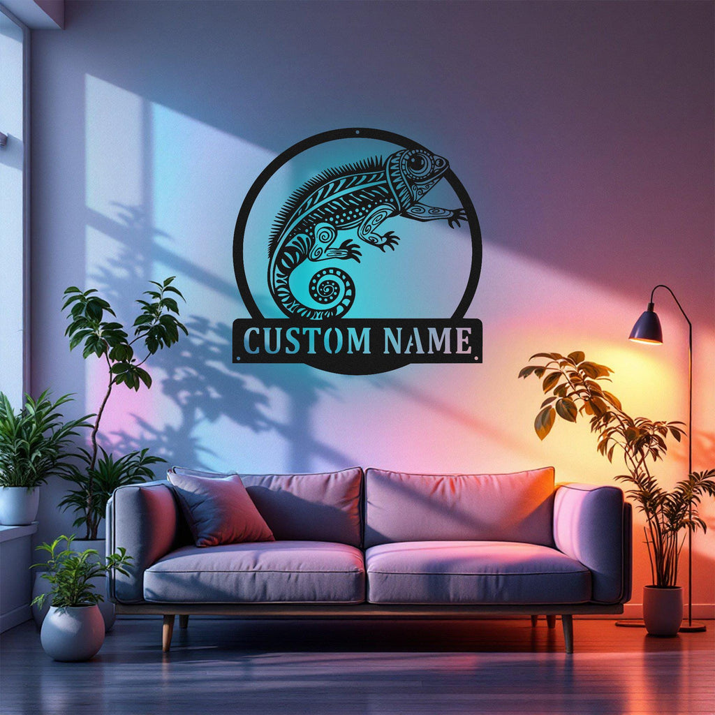 Custom Chameleon Metal Wall Art With Led Light, Personalized Chameleon Name Sign Decoration For Room, Chameleon Metal Led Decor, Chameleon
