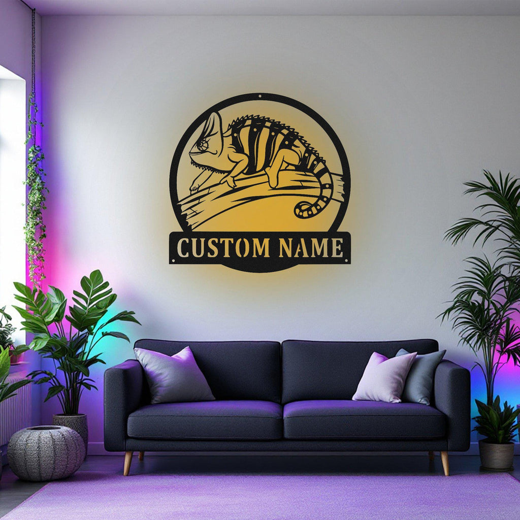 Custom Chameleon Metal Wall Art With Led Light, Personalized Chameleon Name Sign Decoration For Room, Chameleon Metal Led Decor, Chameleon