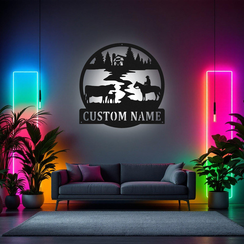 Custom Cow Farm Metal Sign, Personalized Cow Farm Name Sign Decoration For Room, Cow Farm Metal Led Decor, Cow Farmer Gift