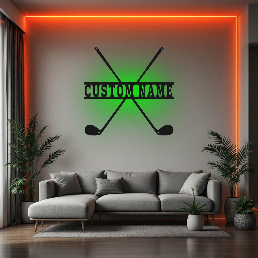 Custom Crossed Golf Metal Wall Art With LED Light, Personalized Golfer Name Sign Decoration For Room, Golfing Metal Decor, Custom Golfer