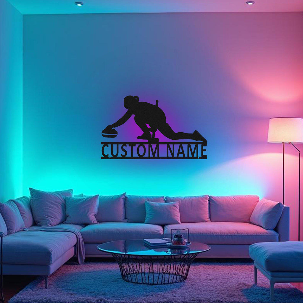Custom Curling Metal Wall Art With Led Light, Personalized Curling Player Name Sign Decoration For Room, Curling Metal Led Decor
