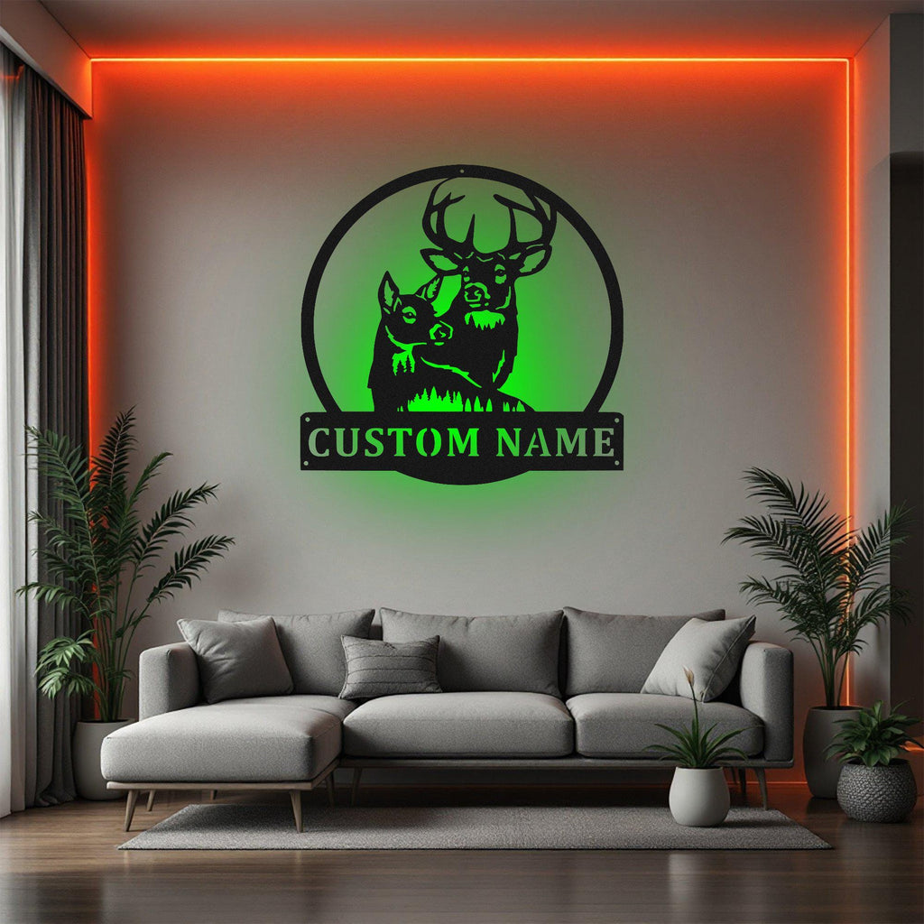 Custom Deer Couple Metal Wall Art With Led Light, Personalized Deer Hunter Name Sign Decoration For Room, Deer Hunting Metal Led Decor