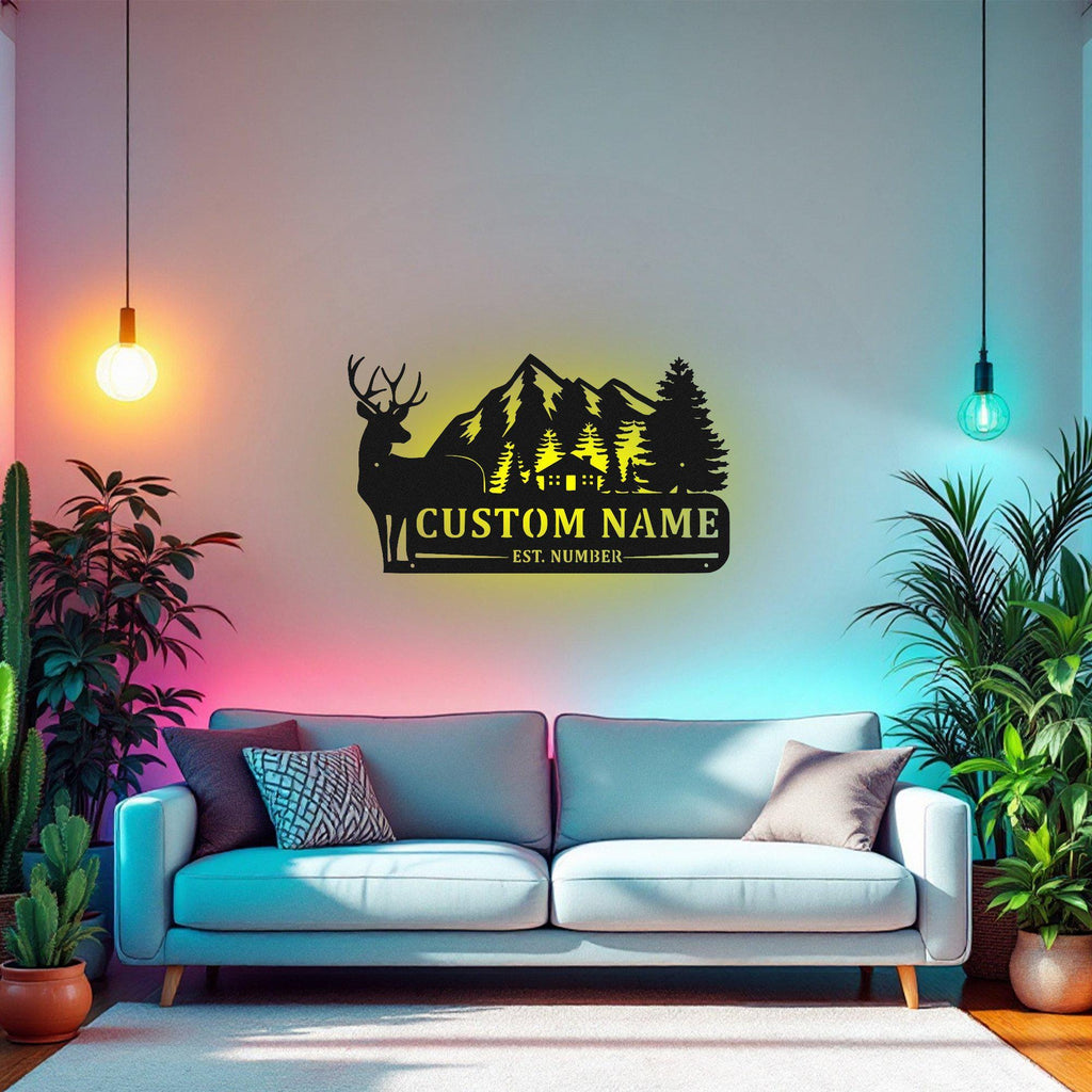 Custom Deer Family Metal Wall Art With Led Light, Personalized Deer Family Name With Established Date Sign Decoration For Room, Custom Deer