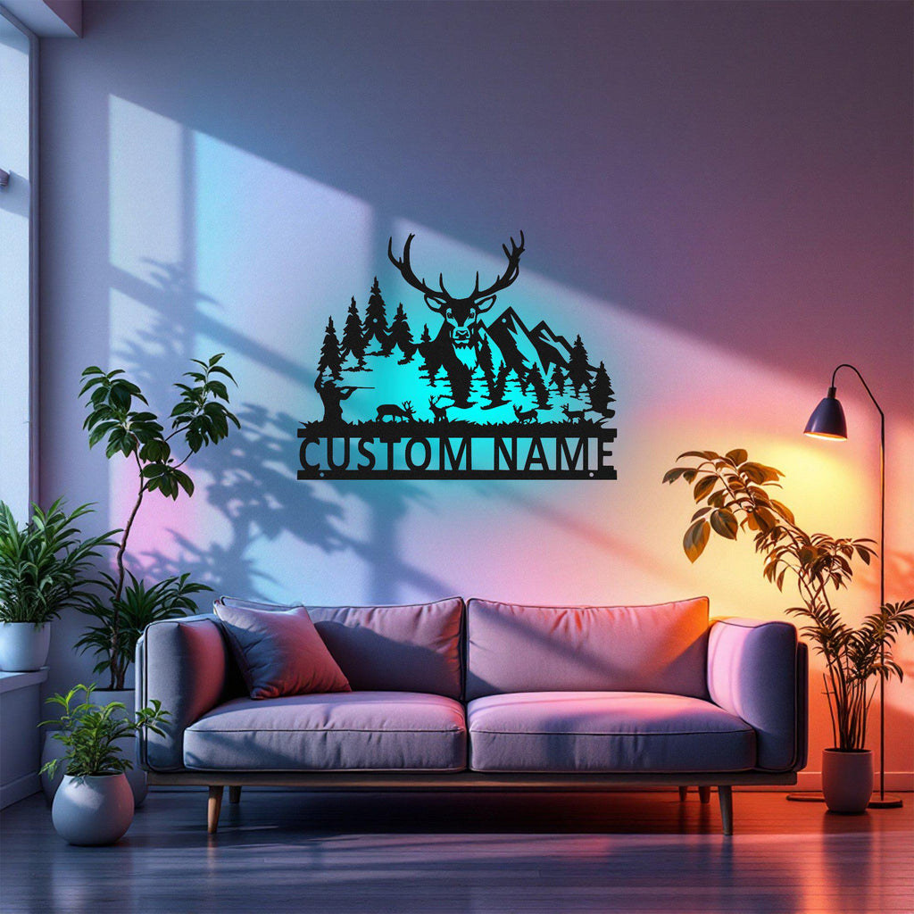 Custom Deer Hunter Metal Sign, Personalized Deer Hunter Name Sign Decoration For Room, Deer Hunter Metal Led Decor