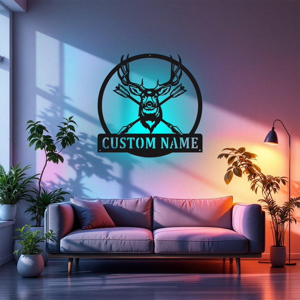 Custom Deer Hunter Metal Wall Art With Led Light, Personalized Deer Hunter Name Sign Decoration For Room, Deer Hunting Metal Led Decor