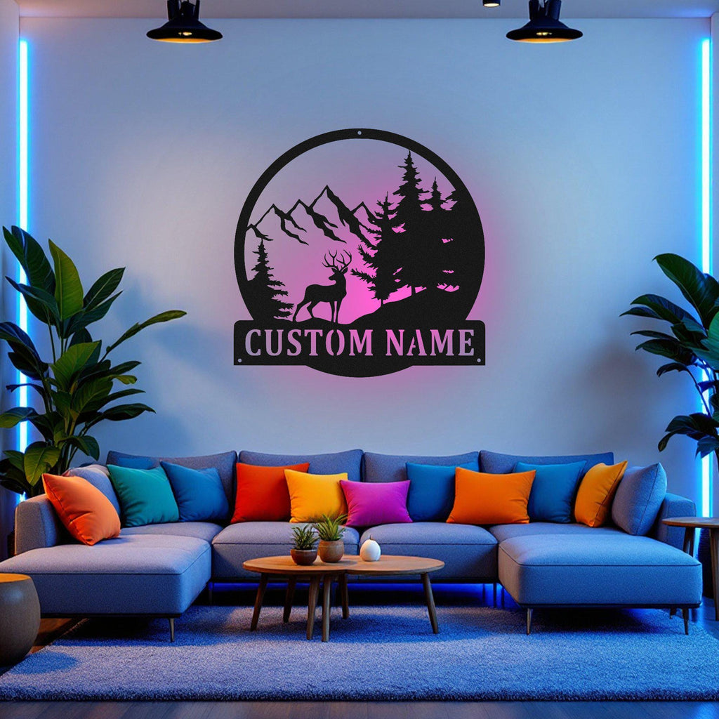 Custom Deer Mountain Metal Wall Art With Led Light, Personalized Deer Hunter Name Sign Decoration For Room, Deer Metal Led Decor, Deer Sign