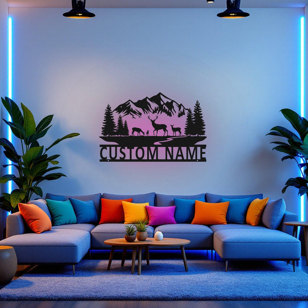 Custom Deer Mountains Metal Wall Art With Led Light, Personalized Deer Hunter Name Sign Decoration For Room, Deer Hunting Metal Led Decor