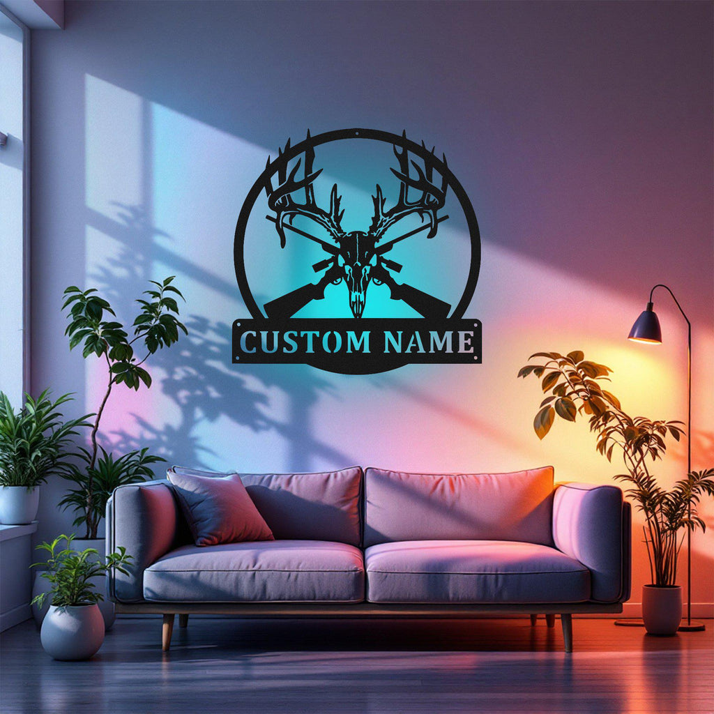 Custom Deer Skull Hunting Metal Wall Art With Led Light, Personalized Deer Hunter Name Sign Decoration For Room, Deer Hunting Home Decor