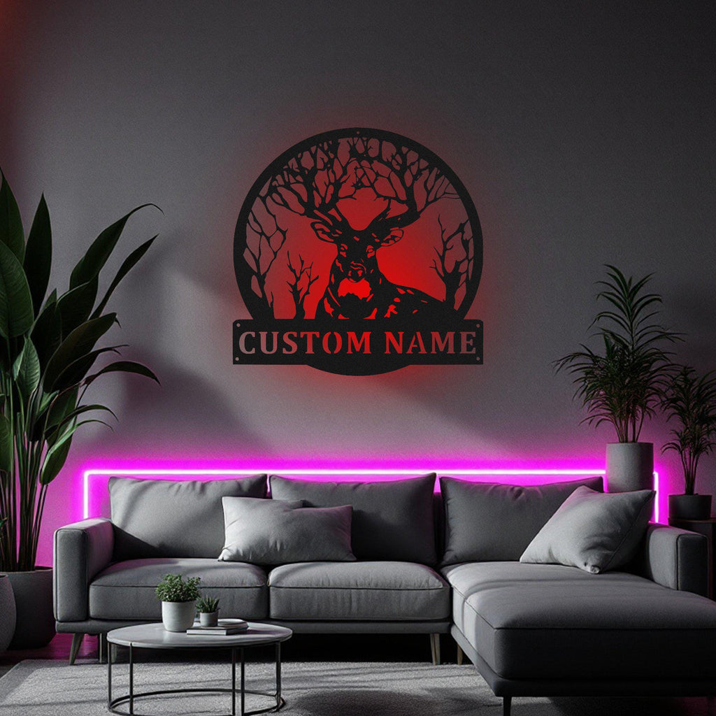 Custom Deer Tree Metal Wall Art With Led Light, Personalized Deer Hunter Name Sign Decoration For Room, Deer Hunting Metal Led Decor, Deer
