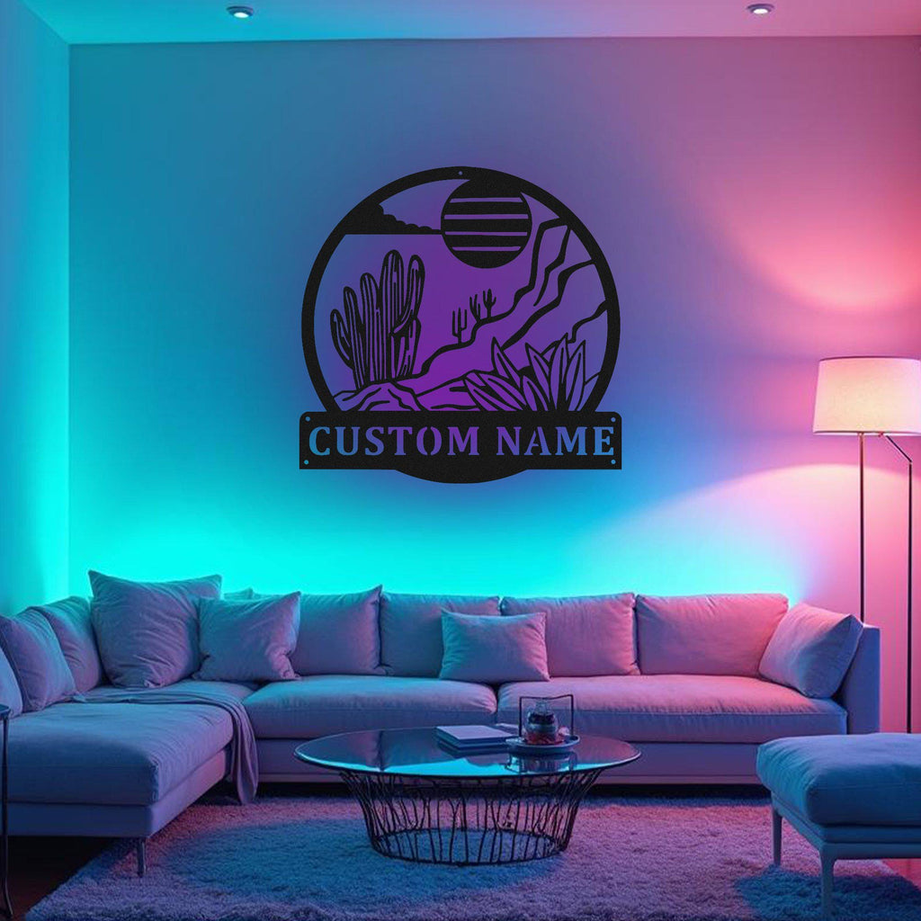 Custom Desert Cactus Metal Wall Art With Led Light, Personalized Cactus Name Sign Decoration For Room, Cactus Metal Home Decor,Custom Cactus