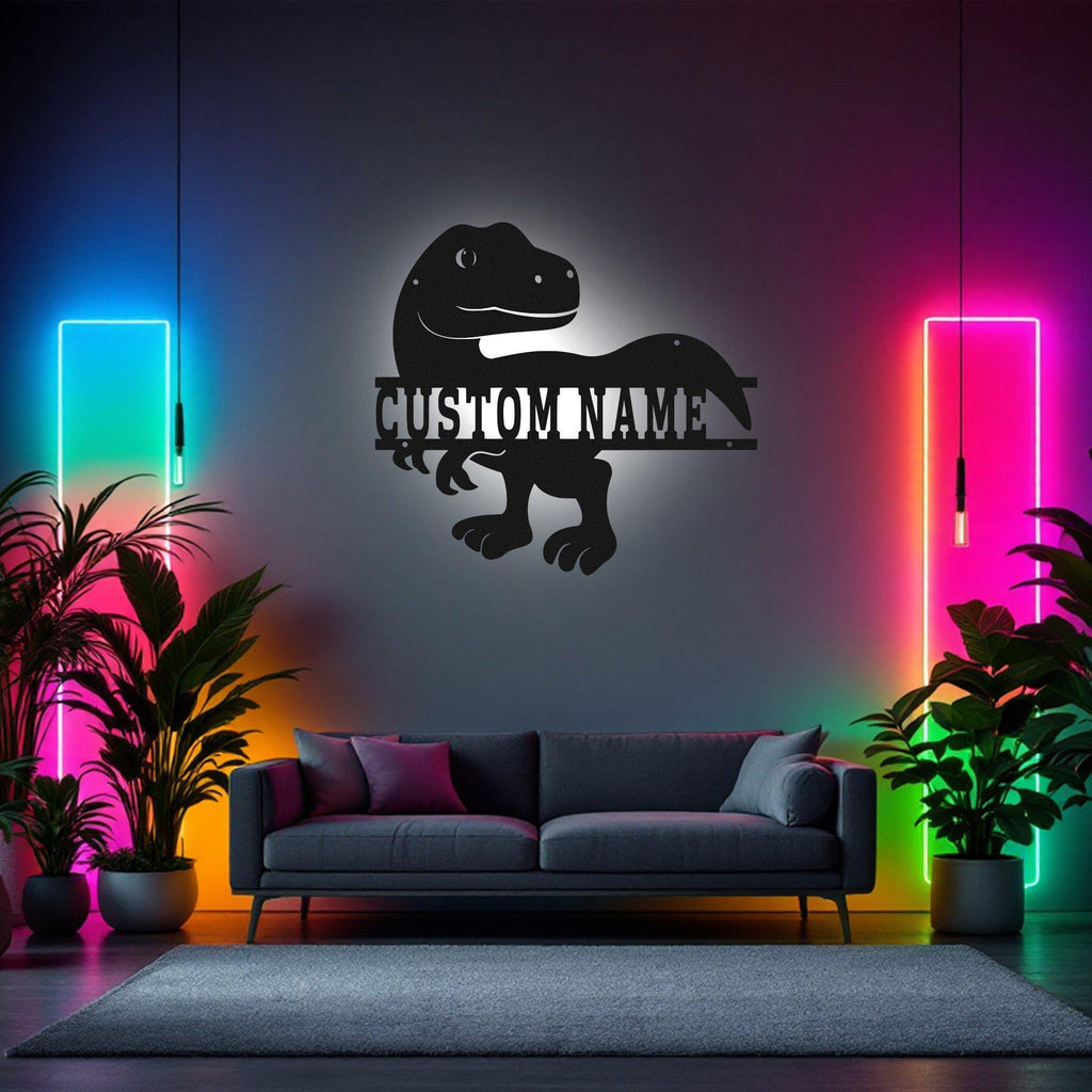 Custom Dinosaur Metal Wall Art With Led Light, Personalized Dinosaur Name Sign Decoration For Room, Dinosaur Metal Led Decor,Custom Dinosaur