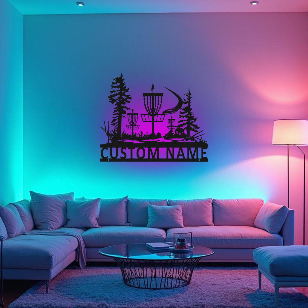 Custom Disc Golf Metal Wall Art With Led Light, Personalized Disc Golf Player Name Sign Decoration For Room, Disc Golf Metal Led Decor