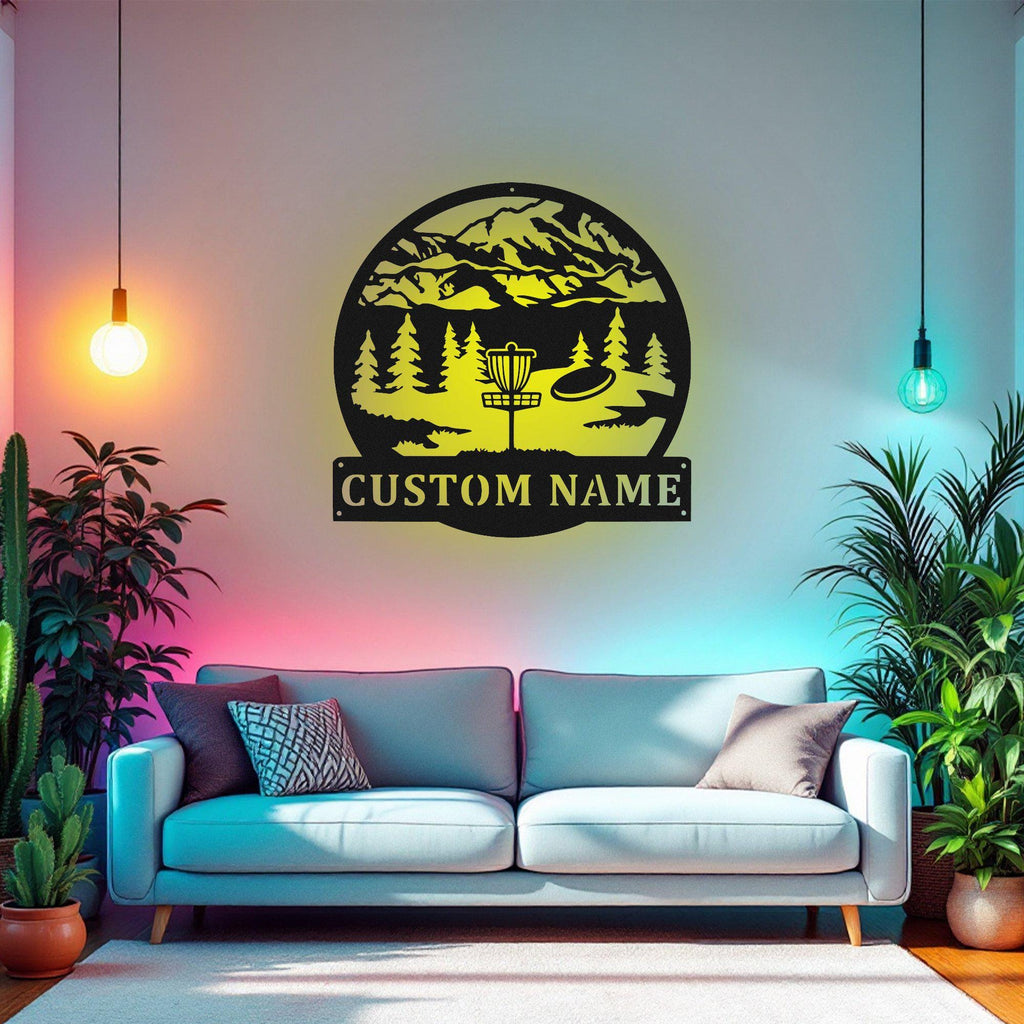 Custom Disc Golf Mountain Metal Wall Art With Led Light, Personalized Disc Golf Name Sign Decoration For Room, Disc Golf Metal Led Decor