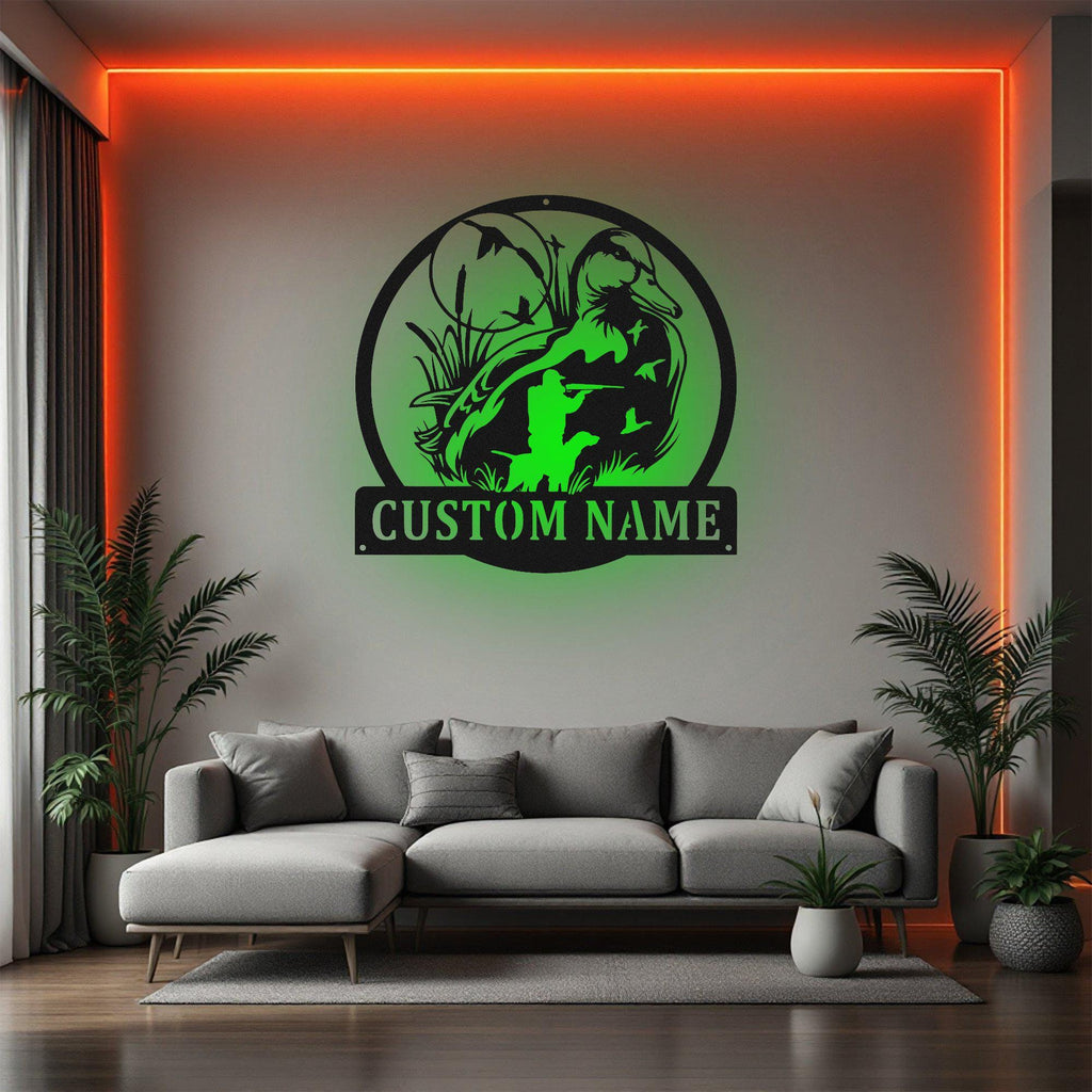Custom Duck Hunting Metal Wall Art With Led Light, Personalized Duck Hunter Name Sign Decoration For Room, Duck Hunting Metal Led Decor